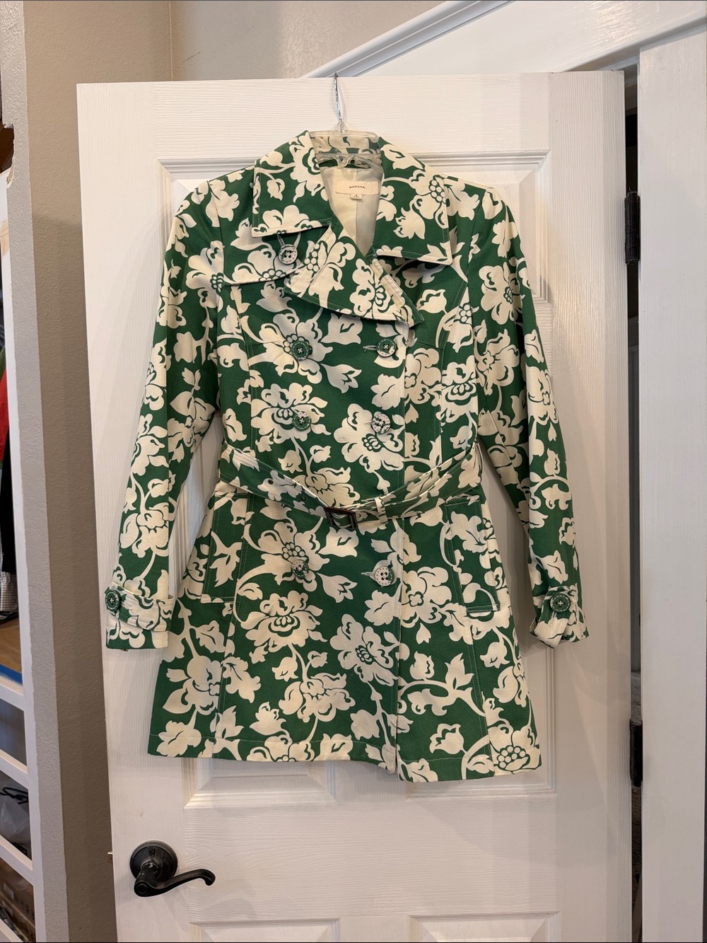 Merona Green and Cream Floral Trench Coat